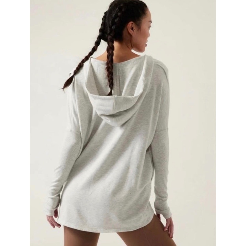 Athleta Purana Wrap Sweatshirt Heather Gray Hooded Thumbhole Pullover Sz M Tunic - Picture 2 of 12